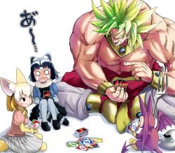Rule 34 | 10s, 1boy, 2girls, animal ears, blank eyes, blonde hair, boots, bracelet, broly (dragon ball z), card, closed mouth, commentary request, common raccoon (kemono friends), crossover, crying, crying with eyes open, doitsuken, dragon ball, dragon quest, dragonball z, earrings, fennec (kemono friends), fork, fox ears, fox tail, full body, holding, holding card, indian style, jewelry, kemono friends, knees up, legendary super saiyan, liquid metal slime (dq), long hair, metal slime, minidemon, multiple crossover, multiple girls, muscular, muscular male, necklace, o o, open mouth, pants, pantyhose, pectorals, playing card, playing games, pointing, raccoon ears, sitting, smile, spiked hair, streaming tears, striped tail, super saiyan, tail, tears, topless male, uno (game)