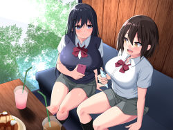 Rule 34 | 2girls, black hair, blue eyes, bow, bowtie, breasts, brown hair, cellphone, couch, drinking straw, food, from above, happy, highres, holding, holding phone, indoors, juice, large breasts, legs, long hair, looking at another, multiple girls, oekakizuki, open mouth, original, phone, school uniform, short hair, sitting, skirt, smile, table, thighs, uraaka joshi x off-pako, yellow eyes