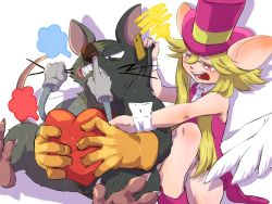 Rule 34 | 1girl, 2boys, animal ears, claws, ear tag, gloves, green hair, hat, heart (mad rat dead), iro gomasio, leotard, mad rat, mad rat dead, mouse (animal), mouse ears, mouse girl, mouse tail, multiple boys, nippon ichi, rat god, red eyes, stitches, tail, top hat, wings, wrist cuffs