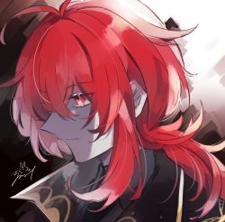 Rule 34 | 1boy, antenna hair, black jacket, closed mouth, diluc (genshin impact), genshin impact, hair between eyes, highres, jacket, long hair, male focus, ponytail, profile, red eyes, red hair, signature, simple background, solo, upper body, zoo min