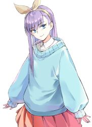 Rule 34 | 1girl, blue eyes, blue sweater, blush, breasts, coffeekite, fate/extra, fate/extra ccc, fate (series), hair ribbon, highres, long hair, long sleeves, looking at viewer, meltryllis (fate), pink skirt, purple hair, ribbon, skirt, small breasts, smile, sweater, very long hair, yellow ribbon