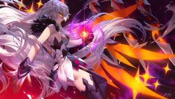 Rule 34 | 1girl, angry, ass, asymmetrical gloves, back, bare shoulders, black gloves, black thighhighs, breasts, ein lee, elbow gloves, gloves, hair between eyes, hair ornament, honkai (series), honkai impact 3rd, kiana kaslana, kiana kaslana (herrscher of the void), long hair, looking at viewer, looking back, mismatched gloves, open mouth, outstretched arm, polearm, sideboob, solo, spear, teeth, thighhighs, weapon, white gloves, white hair, wings, yellow eyes
