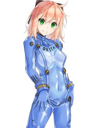 Rule 34 | 1girl, 2815 hayate, ahoge, blonde hair, bodysuit, bow, breasts, commentary request, covered navel, fate/grand order, fate (series), green eyes, hair bow, hands on thighs, highres, looking at viewer, medium hair, neon genesis evangelion, okita souji (fate), okita souji (koha-ace), plugsuit, shiny clothes, skin tight, small breasts, smile, solo, test plugsuit, white background