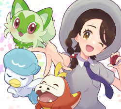 Rule 34 | 1girl, ;d, braid, breast pocket, brown eyes, brown hair, commentary request, creatures (company), eyelashes, fuecoco, game freak, grey headwear, grey shirt, happy, haru (haruxxe), hat, holding, holding poke ball, juliana (pokemon), necktie, nintendo, one eye closed, open mouth, outstretched arm, pocket, poke ball, poke ball (basic), pokemon, pokemon sv, purple necktie, quaxly, shirt, short sleeves, smile, spread fingers, sprigatito, starter pokemon trio, tongue, upper body