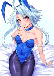 Rule 34 | 1girl, animal ears, bed, blue hair, breasts, collar, fake animal ears, fishnets, highres, legs together, leotard, neptune (series), nyamota, playboy bunny, red eyes, short hair, sitting, small breasts, solo, white hair, white heart (neptunia)