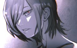 Rule 34 | 1girl, akahara (akaharaillust), commentary request, gradient background, grey background, hair over one eye, kirishima touka, looking at viewer, one eye covered, parted lips, portrait, red eyes, short hair, solo, teeth, tokyo ghoul, white background