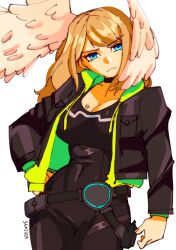 Rule 34 | 1girl, 3amsoda, belt, black bodysuit, black jacket, blonde hair, blue eyes, bodysuit, breast tattoo, breasts, choker, cleavage, cowboy shot, eunie (xenoblade), feathered wings, frown, hand on own hip, head wings, highres, jacket, large breasts, looking at viewer, medium hair, open clothes, open jacket, skin tight, solo, tattoo, white background, wings, xenoblade chronicles (series), xenoblade chronicles 3