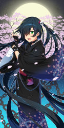 Rule 34 | 1girl, bandaged arm, black hair, bracelet, chain, cherry blossoms, chuunibyou, earrings, fang, fingerless gloves, gloves, green eyes, hair ornament, hair over one eye, hairclip, highres, jewelry, long hair, looking at viewer, moon, open mouth, original, petals, ribbon, setsuo (chohonsoku), skull hair ornament, solo, spiked bracelet, spikes, studded collar, two side up, very long hair, wide sleeves