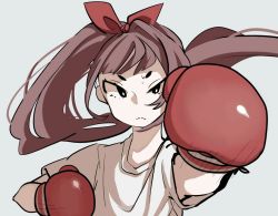 Rule 34 | 1girl, bb (pixiv13315945), bow, boxing, boxing gloves, hair bow, long hair, original, ponytail, punching, shirt, simple background, solo, t-shirt