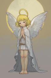 Rule 34 | 1girl, angel, angel wings, bare legs, barefoot, black eyes, blonde hair, cape, closed mouth, curly hair, dress, expressionless, feathered wings, feet, female focus, full body, halo, highres, opossumachine, original, own hands together, rope belt, solo, standing, toes, white cape, white dress, wings