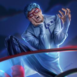 Rule 34 | 1boy, angry, blue eyes, blue hair, car, curly hair, formal, ghiaccio, glasses, jojo no kimyou na bouken, long sleeves, motor vehicle, night, open mouth, rakavka, sky, solo, suit, white suit