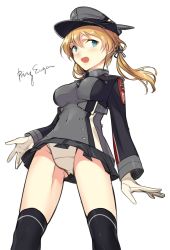 Rule 34 | 10s, 1girl, black thighhighs, blonde hair, blue eyes, breasts, character name, covered navel, cowboy shot, cross, crotch seam, from below, gloves, hat, highres, iron cross, kantai collection, long sleeves, looking at viewer, meimone, microskirt, military, military uniform, open mouth, panties, peaked cap, pleated skirt, prinz eugen (kancolle), sideways glance, simple background, skirt, smile, solo, thighhighs, twintails, underwear, uniform, white background, white gloves, white panties