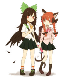 Rule 34 | 2girls, :o, alternate costume, animal ears, backpack, bad id, bad pixiv id, bag, black hair, black wings, bow, braid, cat ears, cat girl, cat tail, cellphone, contemporary, dress shirt, drinking straw, extra ears, female focus, hair bow, juice box, kaenbyou rin, kneehighs, long hair, mozukuzu (manukedori), multiple girls, multiple tails, phone, pigeon-toed, pleated skirt, red eyes, red hair, reiuji utsuho, shirt, simple background, sketch, skirt, sleeves rolled up, smile, socks, staring, striped clothes, striped legwear, striped socks, tail, touhou, twin braids, twintails, white background, wings