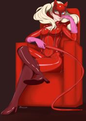 Rule 34 | 10s, absurdres, aestic, blonde hair, bodysuit, gloves, highres, latex, latex suit, mask, persona, persona 5, rubber, skin tight, takamaki anne, zipper