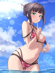 Rule 34 | 1girl, alternate hairstyle, bikini, bikini top aside, black hair, blue sky, breasts, cloud, commentary request, finger to own chin, floral print, green eyes, hair bun, hair ornament, hair stick, hair up, highres, kurosawa dia, long hair, looking at viewer, love live!, love live! sunshine!!, medium breasts, mobukichi, mole, mole under mouth, multi-strapped bikini, multiple bracelets, navel, ocean, one breast out, open mouth, partially submerged, print bikini, pulled by self, red bikini, sidelocks, sky, solo, sunlight, swimsuit, wet