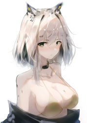 Rule 34 | 1girl, animal ear fluff, animal ears, arknights, bare shoulders, bikini, blush, breasts, cat girl, cleavage, closed mouth, commentary request, cuy7, expressionless, green bikini, green eyes, highres, kal&#039;tsit (arknights), looking at viewer, material growth, medium breasts, off shoulder, oripathy lesion (arknights), short hair, silver hair, simple background, solo, swimsuit, upper body, white background