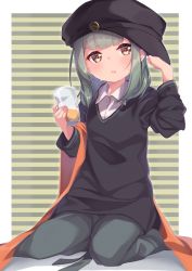 Rule 34 | 1girl, black hat, black shirt, blush, buttons, collared shirt, cup, drink, drinking glass, green hair, green pants, hat, highres, holding, holding cup, kantai collection, long sleeves, open mouth, pants, shirt, short hair, solo, uut, white shirt, yellow eyes, yuubari (kancolle)