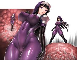 Rule 34 | 1girl, black gloves, black hair, bodysuit, boots, breasts, elbow gloves, gloves, kamori sayaka, large breasts, monster, nipples, purple bodysuit, rindou (radical dream), skin tight, tentacle pit, tentacles, thigh boots, thighhighs, thighs