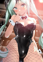 Rule 34 | 1girl, animal ears, aqua eyes, aqua hair, bare shoulders, black leotard, blush, bow, bowtie, breasts, cameltoe, cleavage, closed mouth, covered navel, detached collar, embarrassed, fake animal ears, fishnet pantyhose, fishnets, furuyama itaru, hatsune miku, highleg, highleg leotard, leotard, long hair, looking to the side, medium breasts, pantyhose, playboy bunny, rabbit ears, solo, strapless, strapless leotard, sweat, traditional bowtie, twintails, very long hair, vocaloid, wrist cuffs