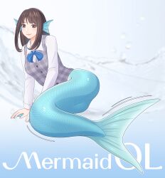 Rule 34 | 1girl, absurdres, blue bow, blue bowtie, bottomless, bow, bowtie, brown eyes, brown hair, buttons, collared shirt, commentary request, fins, full body, grey vest, head fins, highres, kiria021, long hair, long sleeves, mermaid, monster girl, office lady, original, plaid, plaid vest, scales, shirt, solo, vest, white shirt