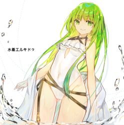 Rule 34 | 1girl, breasts, cleavage cutout, closed mouth, clothing cutout, commentary, covered navel, cowboy shot, enkidu (fate), fate/grand order, fate/strange fake, fate (series), frilled swimsuit, frills, gender request, genderswap, genderswap (otf), gluteal fold, green eyes, green hair, highleg, highleg swimsuit, long hair, looking at viewer, noname19a, one-piece swimsuit, partially submerged, small breasts, smile, solo, swimsuit, translated, water, water drop, white one-piece swimsuit