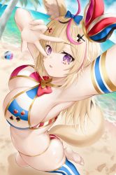Rule 34 | 1girl, :d, absurdres, ahoge, animal ears, arm up, armpits, ball, barefoot, beach, bikini, blonde hair, breasts, fox ears, fox tail, hair ornament, hairclip, hat, highres, hololive, huge filesize, jester cap, large breasts, long hair, makeup, multicolored hair, omaru polka, open mouth, pink hair, purple eyes, roina (effj7473), sand, single thighhigh, smile, solo, streaked hair, swimsuit, tail, thighhighs, tree, virtual youtuber, volleyball, volleyball (object), w, water