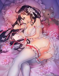 Rule 34 | 1girl, ass, bare shoulders, bed, bed sheet, black hair, blush, bow, bow choker, breasts, bridal garter, camisole, choker, cleavage, collarbone, commentary request, envelope, frilled pillow, frills, garter straps, highres, kitazume kumie, large breasts, letter, long hair, looking at viewer, love letter, lying, on bed, on side, original, panties, pantyshot, parted lips, pillow, purple eyes, red ribbon, ribbon, solo, strap slip, stuffed animal, stuffed toy, teddy bear, thighhighs, underwear, very long hair, white bow, white panties, white thighhighs, wrist cuffs
