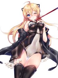 Rule 34 | 1girl, ahoge, bdsm, black coat, black thighhighs, blonde hair, blue eyes, blush, bound, breasts, cameltoe, cleavage, cleft of venus, clenched hand, coat, collar, commentary, covered navel, fingernails, frills, frown, girls&#039; frontline, hair ornament, hand on own chest, highres, impossible clothes, k5 (girls&#039; frontline), large breasts, leash, long fingernails, long hair, looking at viewer, nail polish, off shoulder, one eye closed, open clothes, open coat, signature, simple background, solo, taut clothes, thigh gap, thighhighs, thighs, white background, xes (xes 5377)