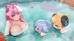 3girls animal_ears blonde_hair blush breasts cleavage closed_mouth collarbone commentary dated dreamoon-q eyeshadow flower gorilla_mask grey_hair hair_bun hair_flower hair_ornament hair_stick highres hololive hololive_english hololive_indonesia kaela_kovalskia koseki_bijou large_breasts leaf leaf_on_liquid long_hair looking_to_the_side makeup mouth_submerged mouth_under_water multicolored_hair multiple_girls onsen panther_ears panther_girl partially_submerged pink_eyeshadow pink_hair purple_eyes raora_panthera red_eyes red_hair signature single_hair_bun smile streaked_hair symbol-only_commentary towel tree virtual_youtuber yellow_eyes