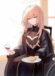 Rule 34 | 1girl, alcohol, arknights, black dress, bread, breasts, cleavage, cleavage cutout, closed mouth, clothing cutout, cup, detached wings, dress, drinking glass, elsi, energy wings, expressionless, food, halo, highres, holding, holding cup, holding plate, lemuen (arknights), long hair, long sleeves, medium breasts, open clothes, pink eyes, pink hair, plate, sitting, solo, wheelchair, wine, wine glass, wings