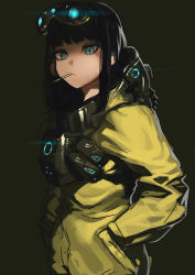 Rule 34 | 1girl, bad id, bad pixiv id, black hair, blue eyes, cigarette, frown, goggles, goggles on head, green background, hands in pockets, highres, ihobus, jacket, long hair, looking at viewer, original, simple background, sketch, solo
