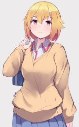Rule 34 | 1girl, absurdres, bag, blonde hair, blue skirt, blush, breasts, brown background, brown eyes, brown sweater, closed mouth, collared shirt, commentary, gar32, grey shirt, hair between eyes, hand up, highres, hitoribocchi no marumaru seikatsu, holding strap, light frown, long sleeves, medium breasts, mole, mole under eye, pleated skirt, school bag, school uniform, shirt, short hair, signature, simple background, skirt, solo, sunao nako, sweater, upper body