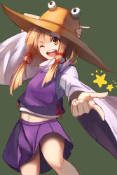 Rule 34 | 1girl, ;d, absurdres, arm behind head, blonde hair, blush, breasts, cowboy shot, fami (yellow skies), green background, hair ribbon, hand on headwear, hat, highres, index finger raised, long hair, looking at viewer, midriff, miniskirt, moriya suwako, navel, one eye closed, open mouth, pinky out, ribbon, simple background, skirt, small breasts, smile, solo, thighhighs, touhou, yellow eyes