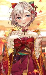 Rule 34 | 1girl, absurdres, anastasia (idolmaster), autumn, autumn leaves, blue eyes, blurry, blurry foreground, blush, bow, braid, braided bangs, breasts, collarbone, curled fingers, day, dress, earrings, falling leaves, flower, hair between eyes, hair bow, hair flower, hair ornament, highres, idolmaster, idolmaster cinderella girls, jewelry, leaf, long sleeves, looking at viewer, maple leaf, multicolored clothes, multicolored dress, neck ring, off-shoulder dress, off shoulder, open mouth, outdoors, pleated dress, rum raisin (chihiromakita19), short braid, short hair, single earring, sky, small breasts, smile, solo, spread fingers, tassel, thick eyelashes, thick outlines, upper body, white hair, wide sleeves, wind