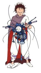 Rule 34 | &gt;:/, 1980s (style), 1boy, :/, akira (manga), bandaid, broken, broken glass, brown hair, cable, cloak, flats, full body, glass, holding, legs apart, looking at viewer, machinery, male focus, motor vehicle, motorcycle, official art, oldschool, ootomo katsuhiro, otomo katsuhiro, pants, retro artstyle, scarf, shadow, shima tetsuo, shirt, short sleeves, simple background, smirk, solo, spiked hair, standing, v-shaped eyebrows, vehicle, white background, white pants, white shirt