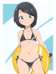 Rule 34 | 1girl, arm scrunchie, bare arms, bare shoulders, bikini, black bikini, black hair, black scrunchie, bubukka, child, closed mouth, collarbone, copyright request, cowboy shot, flat chest, gluteal fold, holding, innertube, looking at viewer, multicolored bikini, multicolored clothes, scrunchie, side-tie bikini bottom, smile, swim ring, swimsuit