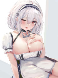 Rule 34 | 1girl, :o, absurdres, anchor symbol, apron, azur lane, black dress, breasts, cleavage, collar, dress, frilled apron, frilled dress, frills, hairband, hand on own chest, highres, lace-trimmed hairband, lace trim, large breasts, looking at viewer, lshiki, metal collar, one eye closed, open mouth, puffy short sleeves, puffy sleeves, red eyes, red ribbon, ribbon, saple, short hair, short sleeves, sirius (azur lane), solo, two-tone dress, white apron, white dress, white hair