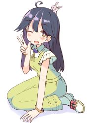 Rule 34 | 1girl, absurdres, ahoge, alternate costume, animal, black hair, blush, brown eyes, dress, full body, hair between eyes, highres, ichi (ichi.colors), kantai collection, long hair, one eye closed, open mouth, pet, rabbit, shoes, short sleeves, simple background, smile, solo, ushio (kancolle), white background, white footwear