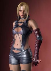 Rule 34 | 1girl, 3d, blonde hair, breasts, cleavage, death by degrees, female focus, game, gloves, gradient background, nina williams, official art, solo, tekken, tekken 2, tekken 3, tekken 4, tekken 5 (dark resurrection), tekken tag tournament
