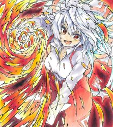 Rule 34 | 1girl, :d, baggy pants, blouse, bow, collared shirt, commentary, fire, flaming hand, fujiwara no mokou, hair between eyes, hair bow, long hair, long sleeves, looking at viewer, marker (medium), mikama, ofuda, ofuda on clothes, open mouth, pants, pyrokinesis, red eyes, red pants, shirt, smile, solo, suspenders, teeth, touhou, traditional media, upper body, v-shaped eyebrows, white bow, white hair, white shirt