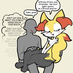 Rule 34 | 1boy, 1girl, :3, animal ear fluff, animal ears, animal nose, beige background, black fur, blush, body fur, braixen, creatures (company), digitigrade, english text, closed eyes, faceless, faceless male, fox ears, fox tail, furry, game freak, gen 6 pokemon, highres, itsunknownanon, nintendo, pokemon, pokemon (creature), simple background, sitting, sitting on lap, sitting on person, tail, tail grab, thick thighs, thighs, white fur, yellow fur