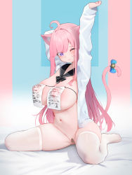 Rule 34 | 1girl, ;), absurdres, ahoge, animal ear fluff, animal ears, arms up, bandaid, bandaid on pussy, black sailor collar, blue background, blush, bottomless, breast curtains, breasts, cat ears, cat girl, cat tail, cleavage, closed mouth, detached collar, highres, large breasts, long hair, long sleeves, looking at viewer, multicolored background, navel, one eye closed, open clothes, open shirt, original, pink background, pink hair, purple eyes, sailor collar, shirt, skindentation, smile, solo, stomach, straight hair, stretching, tail, thighhighs, very long hair, white shirt, white thighhighs, yashemao qishi