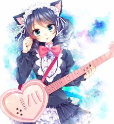 Rule 34 | 10s, 1girl, animal ears, bell, blue hair, bow, bowtie, cat ears, curly hair, cyan (show by rock!!), green eyes, guitar, headdress, heart, heart guitar, instrument, looking at viewer, nail polish, plectrum, sasakichi (ssk chi), short hair, show by rock!!, skirt, solo, strawberry heart (show by rock!!), tareme