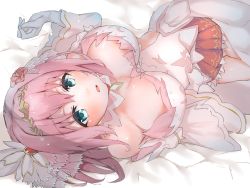 Rule 34 | 1girl, bare shoulders, blue eyes, blush, breasts, breasts apart, detached collar, detached sleeves, dress, elbow gloves, gloves, hair ornament, hairband, highres, junmaachi, large breasts, looking at viewer, lying, on back, open mouth, pink hair, princess connect!, red skirt, short hair, skirt, solo, thighs, white dress, white gloves, wide sleeves, yui (princess) (princess connect!), yui (princess connect!)