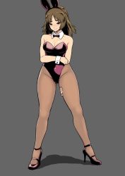 Rule 34 | 1girl, alternate costume, animal ears, arm behind back, bare shoulders, black bow, black bowtie, black footwear, black leotard, blush, bow, bowtie, breasts, brown eyes, brown hair, brown pantyhose, cleavage, closed mouth, collar, commentary request, detached collar, embarrassed, fake animal ears, frown, full body, girls und panzer, grey background, groin, half-closed eyes, hand on own leg, hand on own stomach, high heels, highleg, highleg leotard, large breasts, legs, leotard, long hair, looking at viewer, murakami (girls und panzer), pantyhose, playboy bunny, rabbit ears, sabaku, simple background, solo, standing, strapless, strapless leotard, sweatdrop, white collar, wing collar, wrist cuffs