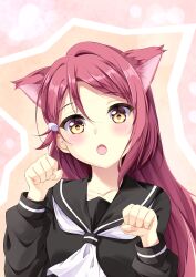 Rule 34 | 1girl, animal ears, cat day, cat ears, highres, hoijin, long hair, looking at viewer, love live!, love live! sunshine!!, open mouth, red hair, sakurauchi riko, solo, yellow eyes