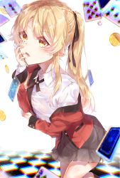 Rule 34 | 1girl, bad id, bad pixiv id, bent over, black ribbon, blonde hair, bob 628, card, commentary request, dice, food, fruit, hair ribbon, hand on own face, highres, jacket, kakegurui, lemon, lemon slice, long hair, long sleeves, off shoulder, plaid, plaid skirt, playing card, pleated skirt, red jacket, ribbon, saotome mary, school uniform, shirt, simple background, skirt, solo, tiles, twintails, white shirt, yellow eyes