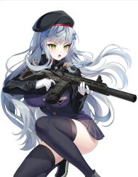 Rule 34 | 1girl, absurdres, assault rifle, beret, black hat, black thighhighs, breasts, commentary request, girls&#039; frontline, gloves, green eyes, grey hair, gun, h&amp;k hk416, hair ornament, hat, highres, hk416 (girls&#039; frontline), holding, holding gun, holding weapon, hyoin, large breasts, long hair, long sleeves, open mouth, rifle, skirt, solo, teardrop facial mark, thighhighs, thighs, weapon, white gloves