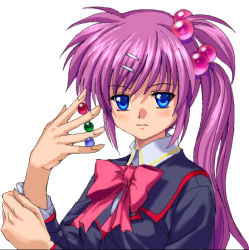 Rule 34 | 1girl, between fingers, blue eyes, blush, bow, bowtie, expressionless, hair bobbles, hair ornament, holding, key (company), little busters!, long sleeves, looking at viewer, marble (toy), mutsuki (moonknives), one side up, pink bow, pink hair, red bow, red bowtie, saigusa haruka, simple background, solo, white background