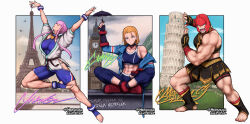 Rule 34 | 3girls, abs, biceps, blonde hair, cammy white, character name, crop top, eiffel tower, elizabeth tower, fingerless gloves, forced perspective, gloves, graffiti, hershuar, highres, jacket, lamppost, leaning tower of pisa, looking at viewer, manon legrand, marisa (street fighter), multiple girls, muscular, muscular female, off shoulder, open mouth, pink hair, red hair, scar, short hair, sitting, street fighter, street fighter 6, toeless footwear, tower, umbrella, wristband